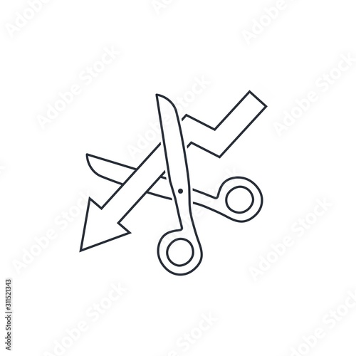Scissors cut the arrow down. Stop falling. Vector linear icon on a white background. 
