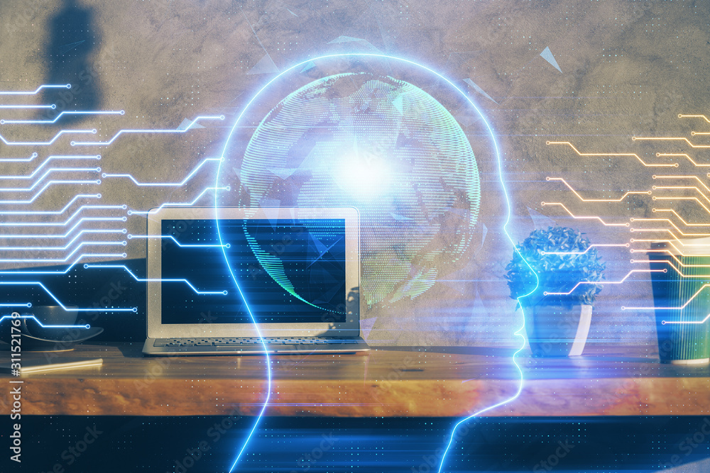 Double exposure of work table with computer and brain sketch hologram. Brainstorming concept.