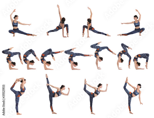 Collage of professional young acrobat exercising on white background