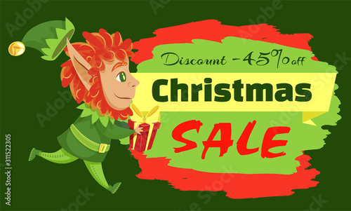 Christmas sale 45 percent discount, elf character running with gift box. Shopping flyer in green color with assistant cartoon character holding present. Business promotion with helper hero vector