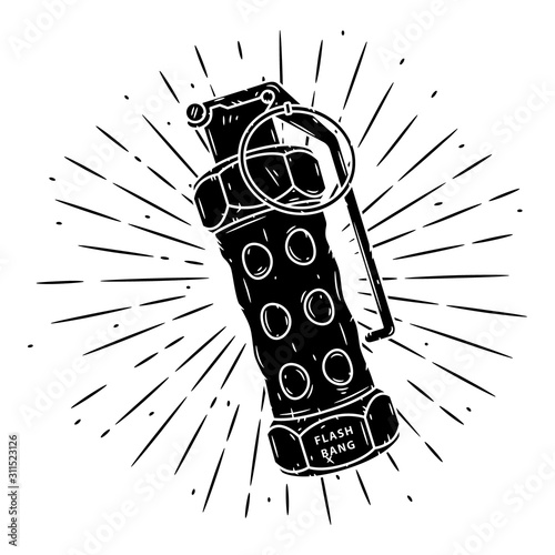 Flash Grenade. Hand drawn vector illustration with a grenade and divergent rays. Used for poster, banner, web, t-shirt print, bag print, badges, flyer, logo design and more.