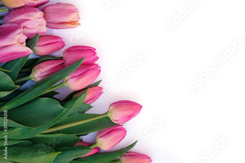 Fototapeta Naklejka Na Ścianę i Meble -  Bunch of fresh spring pink tulips ulips on white background