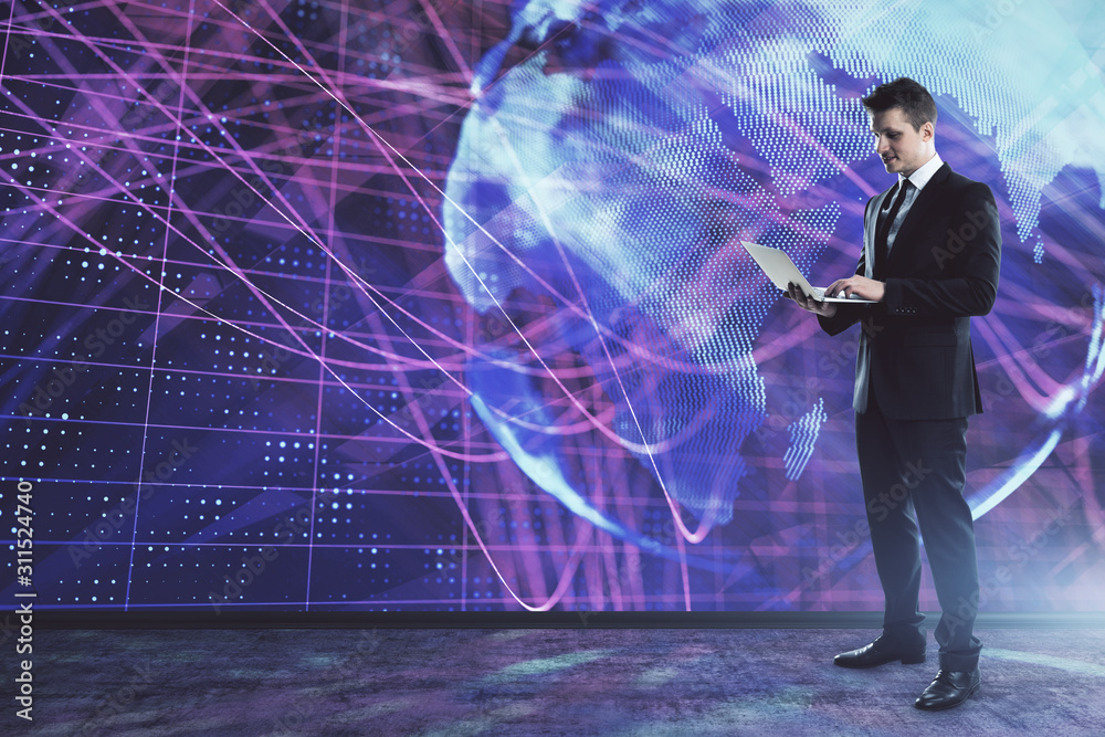 Businessman and world map hologram. Double exposure. Concept of international finance Businessman and world map hologram. Double exposure. Concept of international finance
