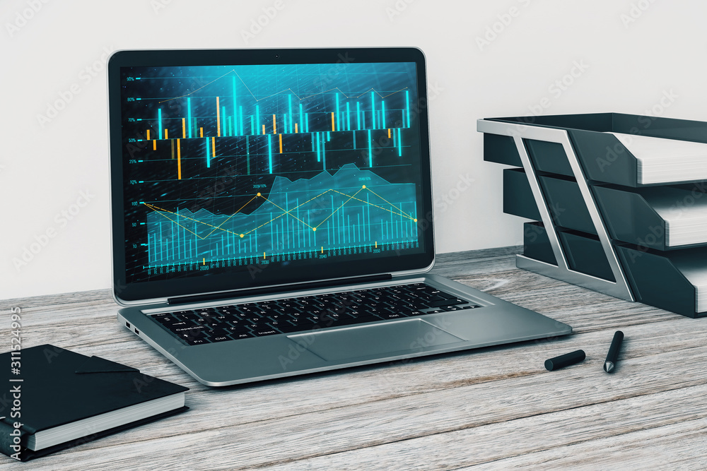 Laptop closeup with forex graph on computer screen. Financial trading and education concept. 3d rendering. Laptop closeup with forex graph on computer screen. Financial trading and education concept. 3d rendering.
