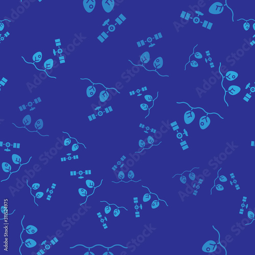 Blue Smart farm with drone control and tree icon isolated seamless pattern on blue background. Innovation technology for agricultural company.  Vector Illustration
