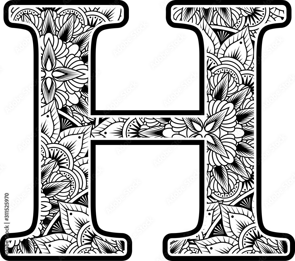 capital letter h with abstract flowers ornaments in black and white