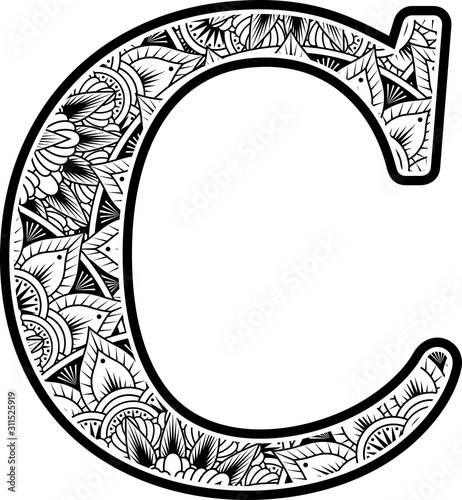 capital letter c with abstract flowers ornaments in black and white. design inspired from mandala art style for coloring. Isolated on white background