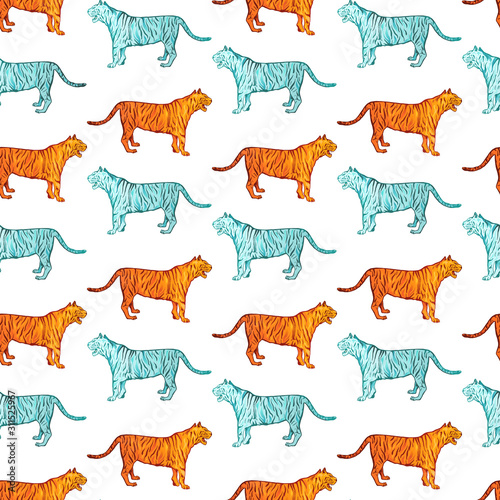 Wild tigers tribal style seamless pattern. Circus or zoo blue and orange wild cats. Exotic safari animals  jungle fauna tileable texture. Creative childish wallpaper  wrapping paper or textile design