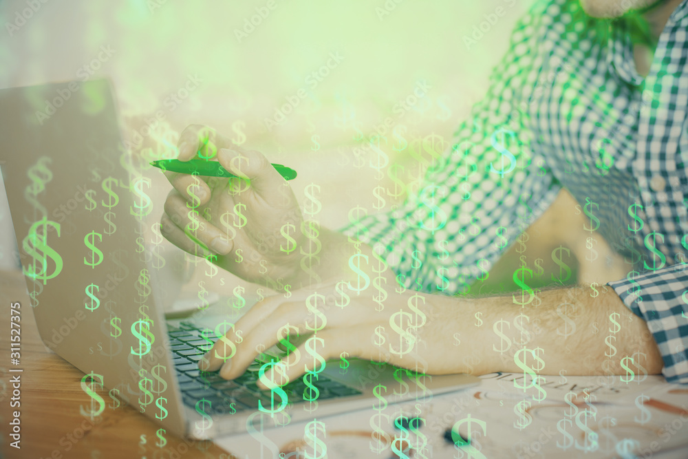 Multi exposure of forex graph with man working on computer on background. Concept of market analysis.