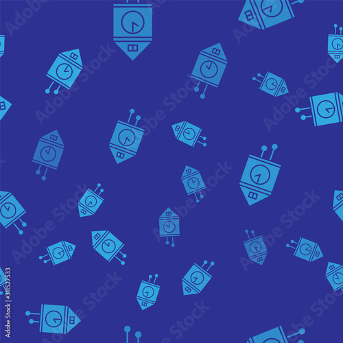 Blue Retro wall watch icon isolated seamless pattern on blue background. Cuckoo clock sign. Antique pendulum clock.  Vector Illustration