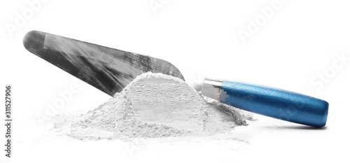 Metal trowel with cement isolated on white background