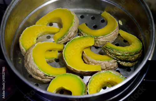 Steamed squash in steamer for cooking