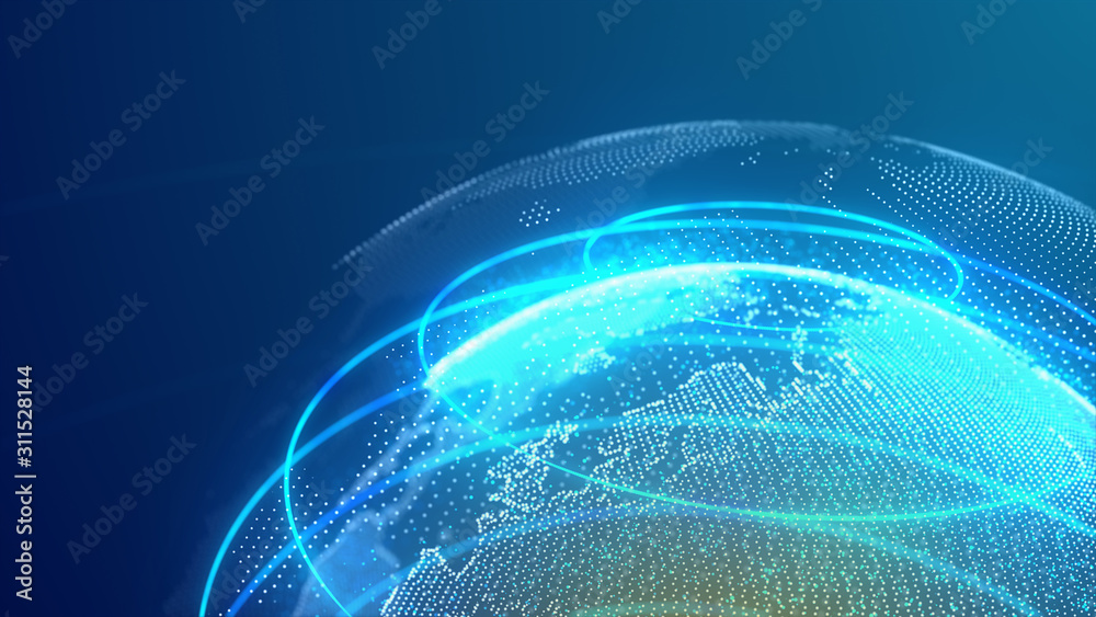 Obraz premium 3d World map point. Global network connection. Information technology. Global warming. Light camera lens blur.