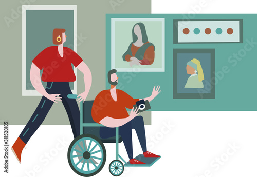 Cute illustration of romantic couple or friends on tourist trip to art gallery with classic paintings. Young woman and man in wheelchair on accessible tour in  museum taking photos