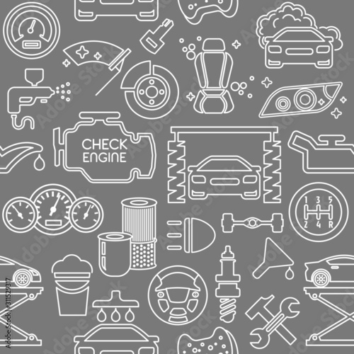 Auto parts seamless pattern. Texture of icons for car repair in a contour style on a gray background. Vector illustration.