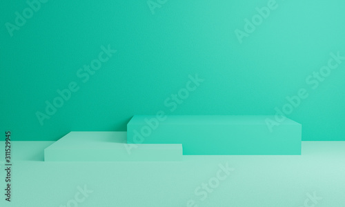 Fototapeta Naklejka Na Ścianę i Meble -  Abstract green on wall background texture with geometric shape. 3d render design for display product on website. Podium in mint scene composition concept. Platforms for presentation banner and mock up