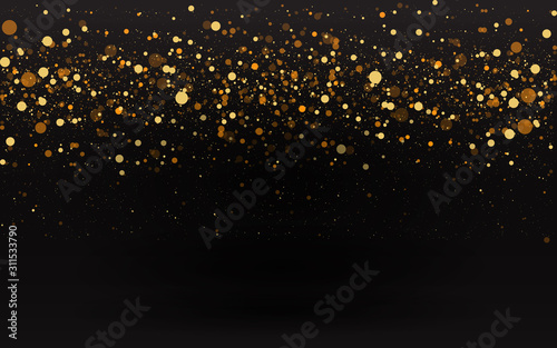 Luxury golden sparkle background, glitter magic glowing. Black and gold vector luminous dust with bokeh