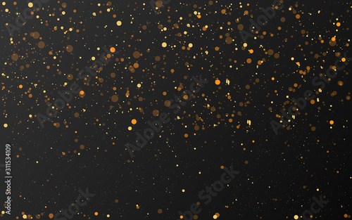 Luxury golden sparkle background, glitter magic glowing. Black and gold vector luminous dust with bokeh