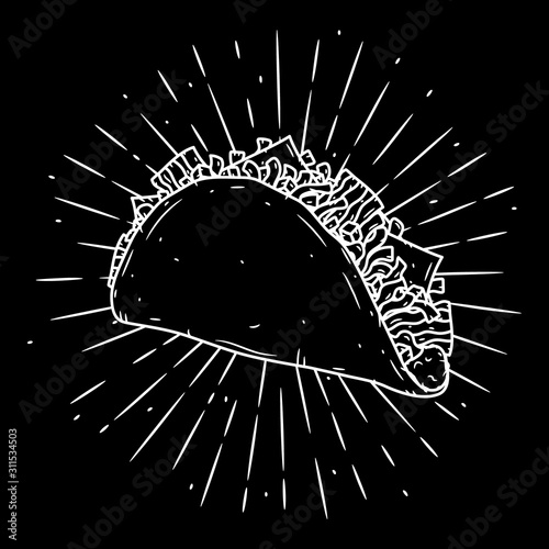 Taco. Traditional Mexican food. Vector illustration isolated on black background.