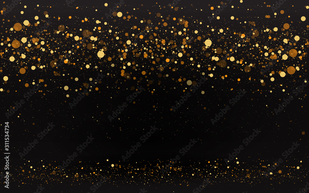 Luxury golden sparkle background, glitter magic glowing. Black and gold vector luminous dust with bokeh