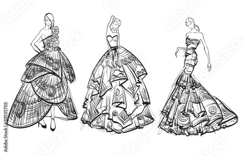 Beautiful young women. Hand drawn stylish woman portrait. Fashion lady. Winter outfit. Sketch. Fashion model posing in coat. Hand drawn fashion woman.