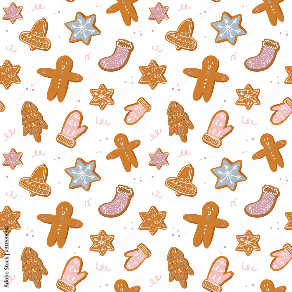 Christmas and Happy New Year cheerful seamless pattern. Lovely winter illustration with cute and character traditional elements in scandinavian style. Vector. Good fabric design and wrapping paper Christmas and Happy New Year cheerful seamless pattern. Lovely winter illustration with cute and character traditional elements in scandinavian style. Vector. Good fabric design and wrapping paper