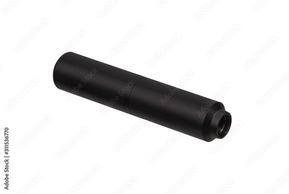 Black silencer for weapons. Suppressor that is at the end of an assault rifle. Black silencer for weapons. Suppressor that is at the end of an assault rifle.