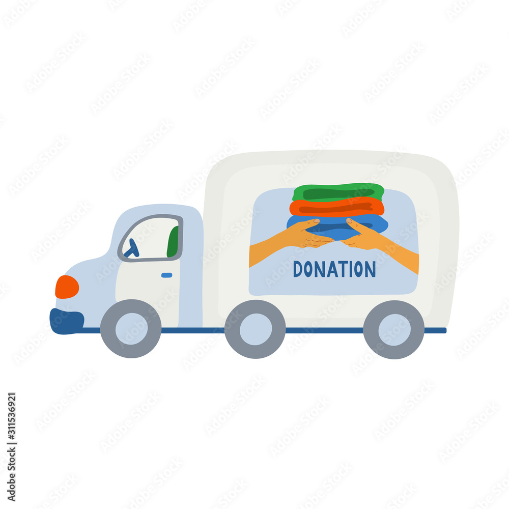 A truck with a charity logo. Donation pick-up service. Hand drawn vector illustration and lettering isolated on white background.