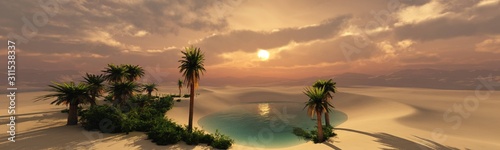Fototapeta Oasis at sunset in a sandy desert, a panorama of the desert with palm trees, 3d rendering