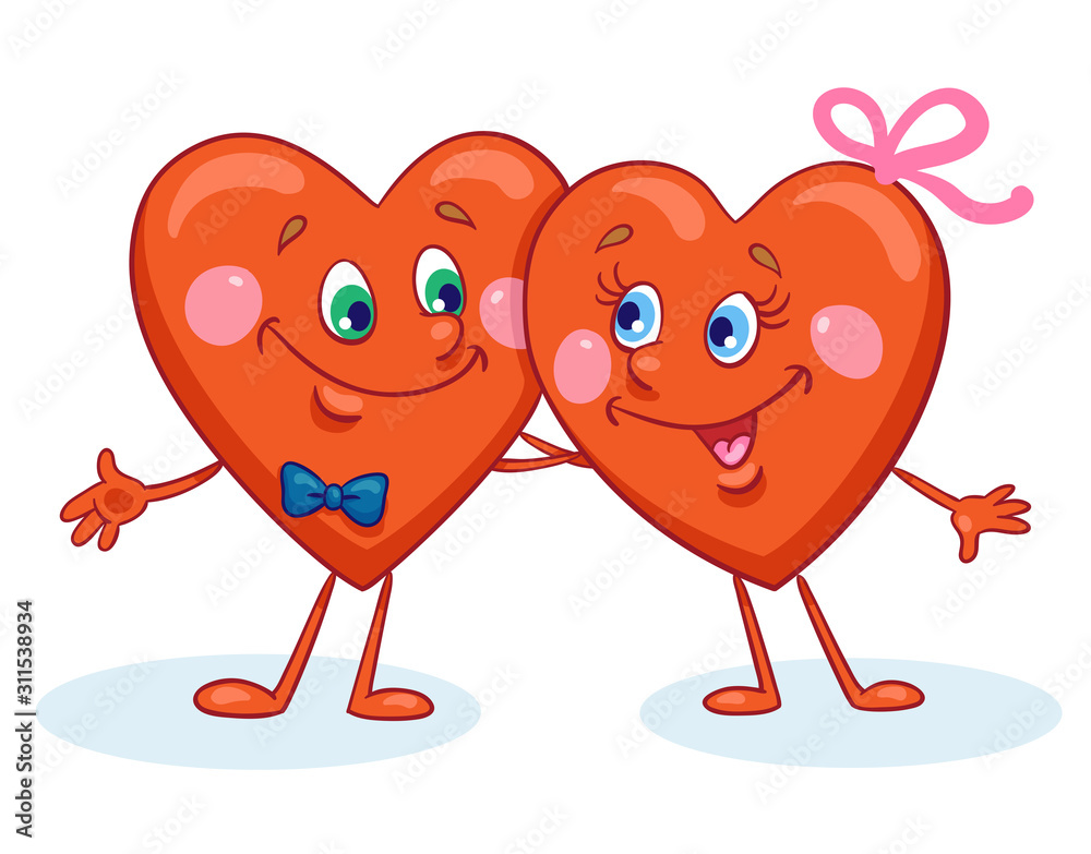 A pair of cute hugging hearts. In cartoon style. Isolated on white background. Vector illustration. Postcard for Valentine's Day. A pair of cute hugging hearts. In cartoon style. Isolated on white background. Vector illustration. Postcard for Valentine's Day.