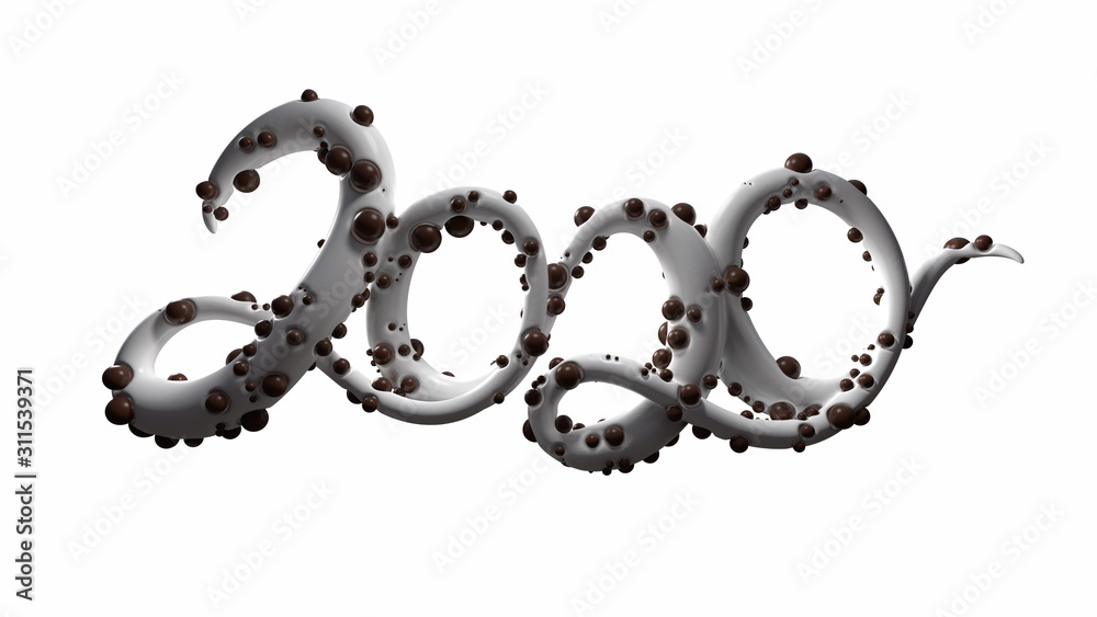 Obraz premium Happy New Year Banner with 2020 Numbers made by glossy white caramel with chocolate balls isolated on white Background. abstract 3d illustration creative lettering