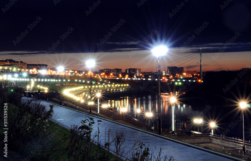 travel photography, cityscape, sunset city lights, harbor and bridge  over the river at night