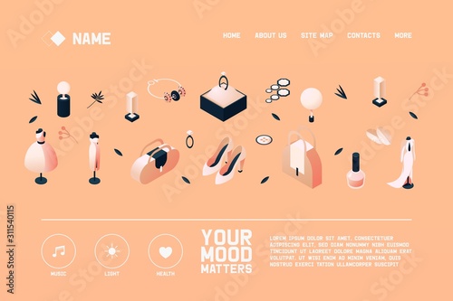 Vector concept banner with women fashion objects, mannequins with dresses, shoes and jewelry, accessories and decoration. Peach pastel background, nude beige and dark blue isometric objects