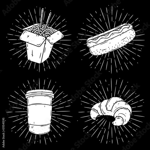 Set of fast food illustrations - wok, hot dog, coffee and croissant.