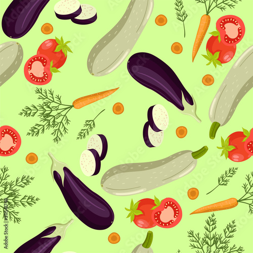 Seamless pattern with tomatoes, carrots, zucchini, eggplant. Vector graphics.