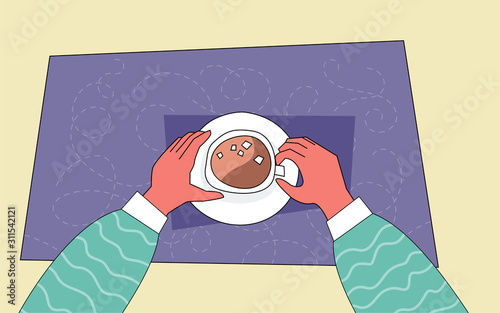Hands holding coffee cup, person drinking coffee, flat vector illustration in top view