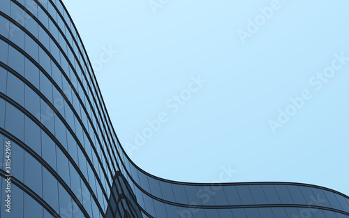 Fototapeta Naklejka Na Ścianę i Meble -  3D stimulate of high rise curve glass building and dark steel window system on blue clear sky background,Business concept of future architecture,lookup to the angle of the corner building.