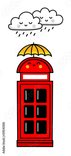 Red english telephone box in the rain. Cute cartoon character. Simple icon. Vector cartoon illustration.