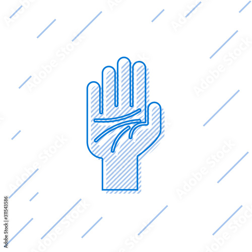 Blue line Palmistry of the hand icon isolated on white background.  Vector Illustration