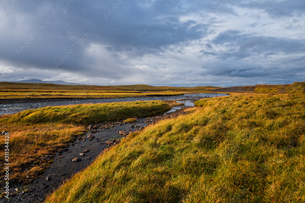 grass field in Stadur in Iceland. Cloudy day in september 2019