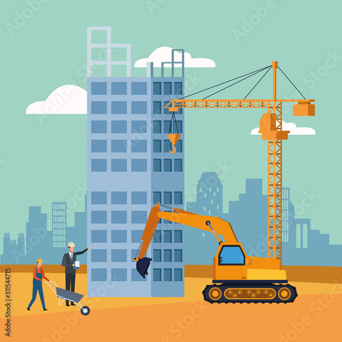 excavator with enginner and builders working on under construction scenery background