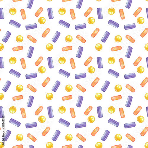 Watercolor pattern with yellow, orange and purple sweets. Round and rectangular sweet candies on a white background in cartoon style. Food illustration for packaging, paper, textile