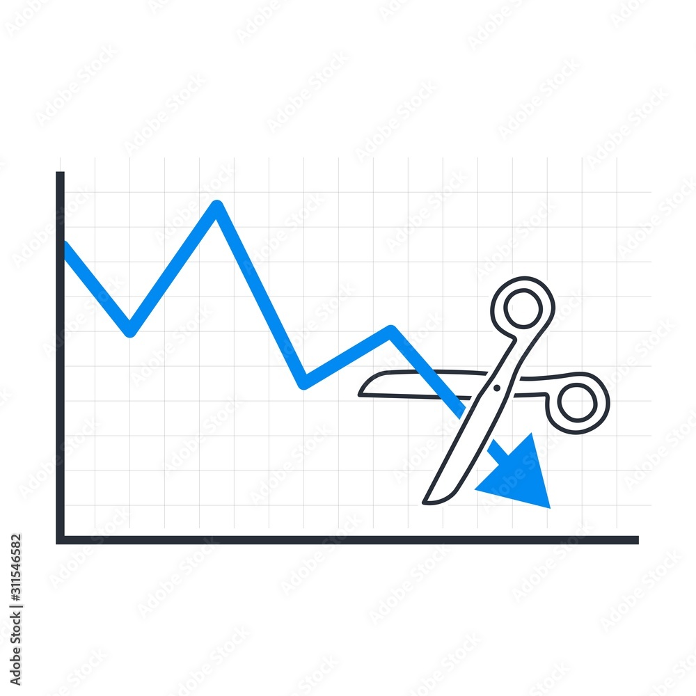Scissors cut the arrow of the fall graph. Vector image on a white background. Scissors cut the arrow of the fall graph. Vector image on a white background.