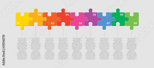 Nine pieces jigsaw puzzle square line infographic