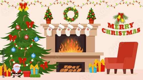 Christmas, New Ye ar holiday decorated room with fireplace, xmas tree vector illustration.