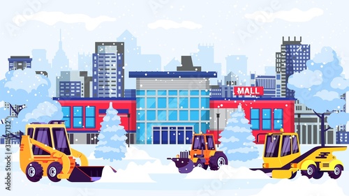 Snowblowers machines clean street from snow at shopping mall building vector illustration.