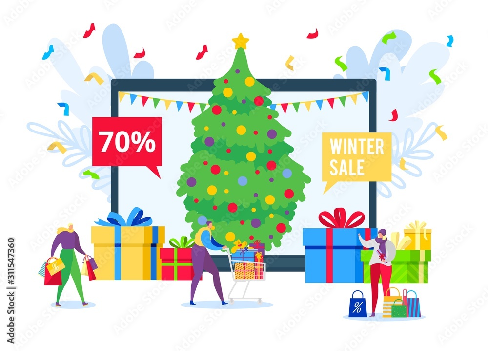 Sale online shopping with discounts gifts for people in winter holidays vector illustration.