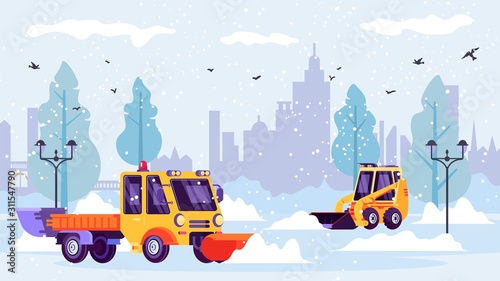 Snow plows machine clean city streets from winter snow drifts vector illustration.