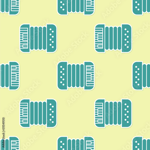 Green Musical instrument accordion icon isolated seamless pattern on yellow background. Classical bayan, harmonic.  Vector Illustration
