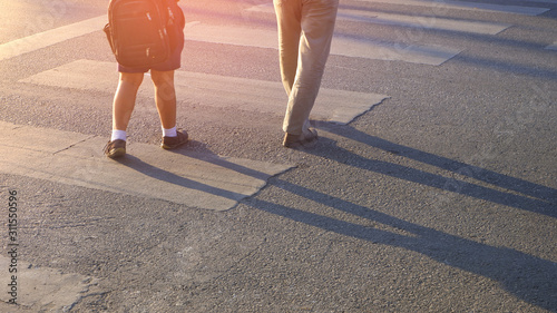 Low section and rear view of Asian elementary student boy in uniform with his parent are walking across the zebra crossway with flare light and shadow on asphalt road surface in evening time